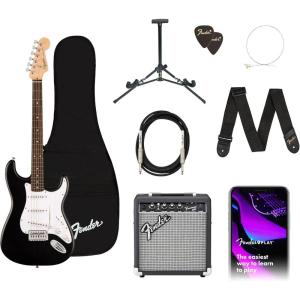 imageFender Squier Debut Series Stratocaster Electric Guitar Kit Beginner Guitar Kit with 2Year Warranty with Padded Gig Bag Frontman 10G Amp Strap and More Includes Free Lessons Black
