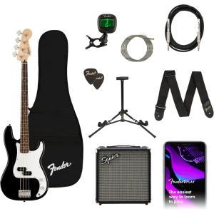 imageSquier by Fender Bass Guitar Kit with 2Year Warranty Laurel Fingerboard Black Poplar Body Includes Rumble 15G Amp Padded Guitar Bag Cable Guitar Strap and More