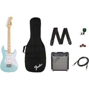 imageFender Mini Stratocaster Pack with Amplifier Gig Bag Strap Cable Tuner and Picks Daphne Blue Finish